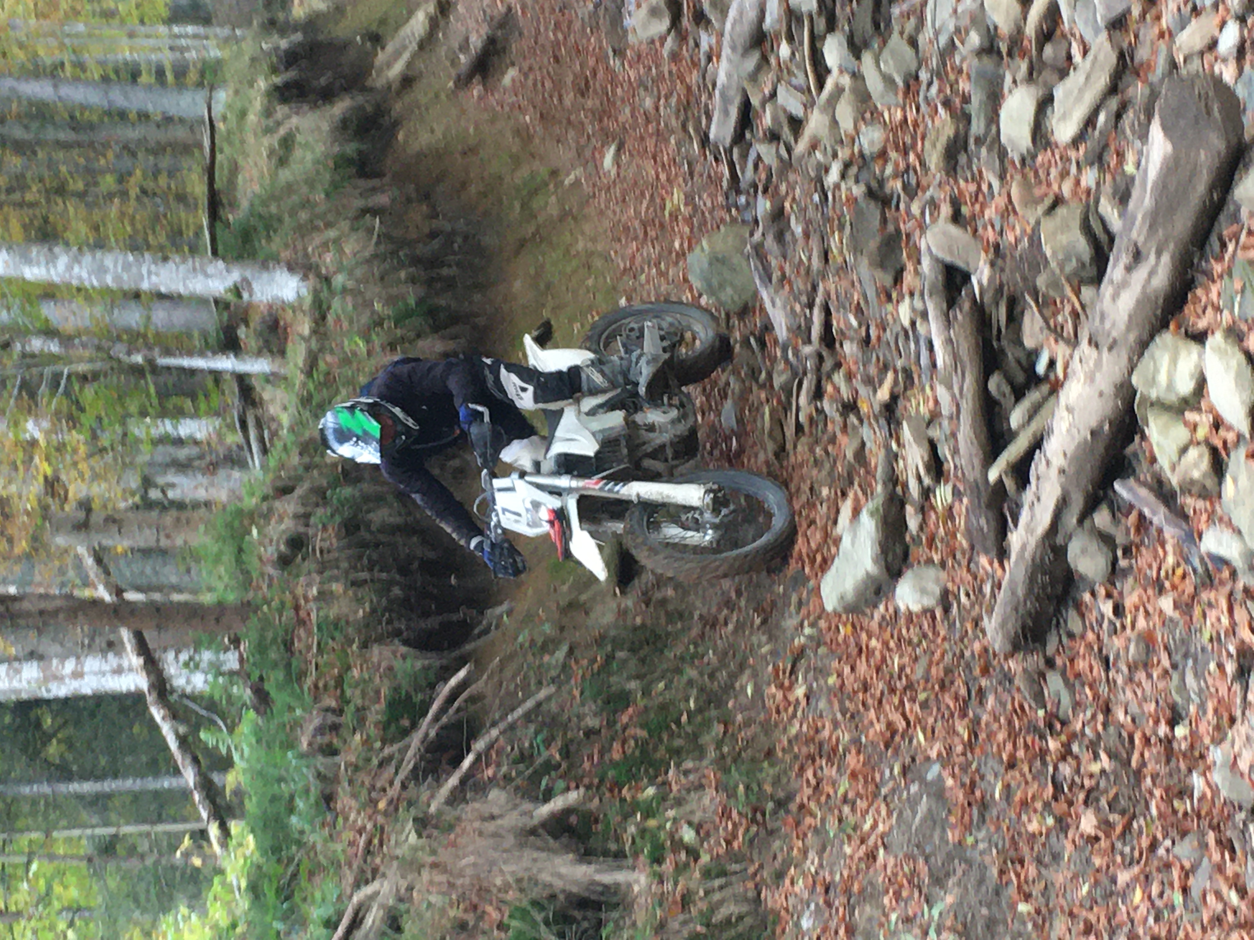 Teilnehmer auf seiner Enduro auf unwegsamen Hohlweg im Wald